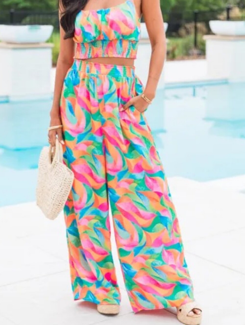 Pink Lily Kaleidoscope Dreams Tropical Satin High-Waisted Wide-Leg Pants Size XL - Picture 3 of 4